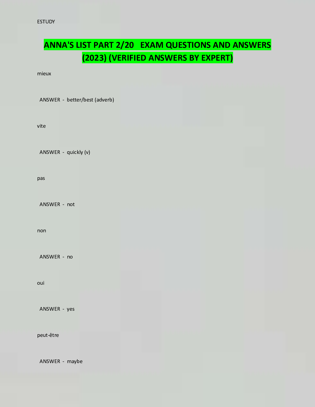Preview image for ANNA'S LIST PART 2/20 EXAM QUESTIONS AND ANSWERS  (2023) (VERIFIED ANSWERS BY EXPERT)